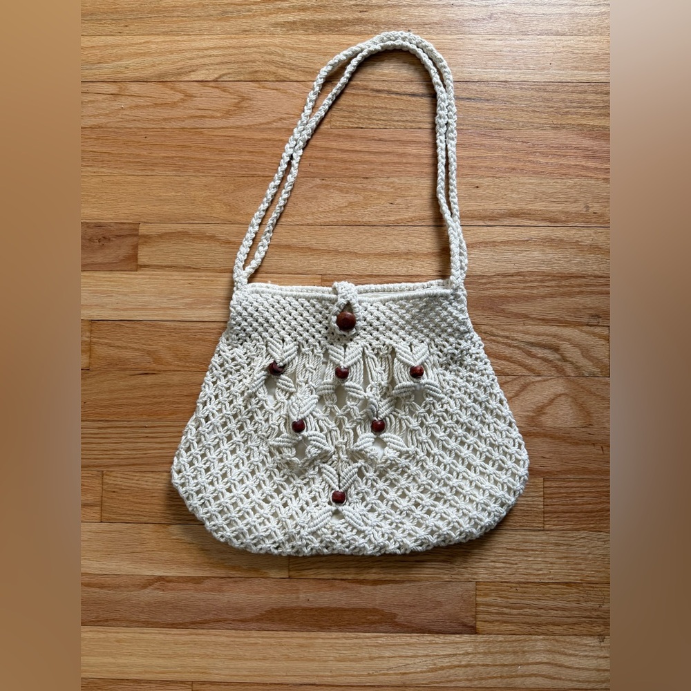 70s Vibe Macramé Crossbody Bag with Wooden Bead Accents